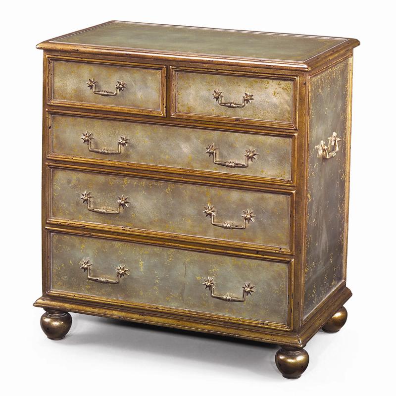 Theodore Alexander Chest of Drawers Silver and Gilt Verre Paneled